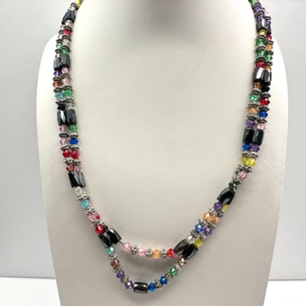 Vintage 90s Magnetic Hematite & Rainbow Glass Double Strand Necklace Jewelry